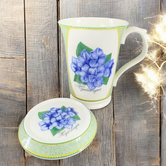 Saint James Hankook Super Strong Porcelain Mug Cup W Lid Coaster Hydrangea Mug - Picture 2 of 14